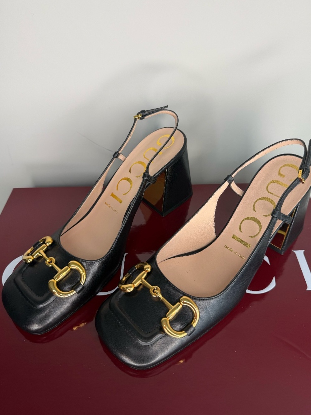 Authentic Gucci Horsebit Black Leather Slingback Block Heel Pumps EU 38.5